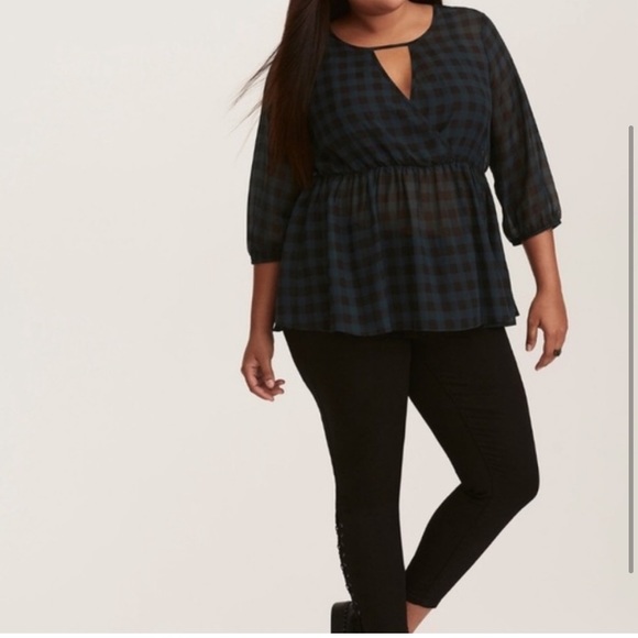 Sheer Black and Green Plaid Peplum Style Top 💄 - Picture 2 of 5